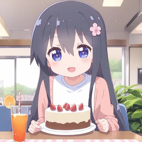 anime girl with long black hair holding a cake with strawberries on it