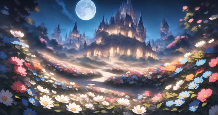 overlooking
BREAK
(colorful flower garden,landscape of flowers:1.0),(many flowers are blooming:1.0),night,moon,starry skies
evil castle
best quality ,masterpiece
rating: general
<lora:sdxl-flat:-0.5>,