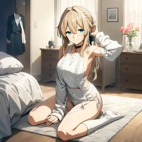 anime girl sitting on the floor in a bedroom with a white bed