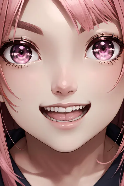 anime girl with pink hair and pink eyes smiling