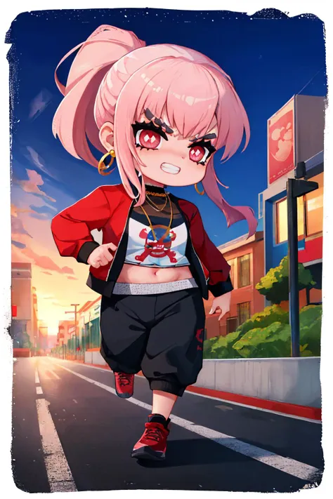 a cartoon girl with pink hair and a red jacket is walking down the street