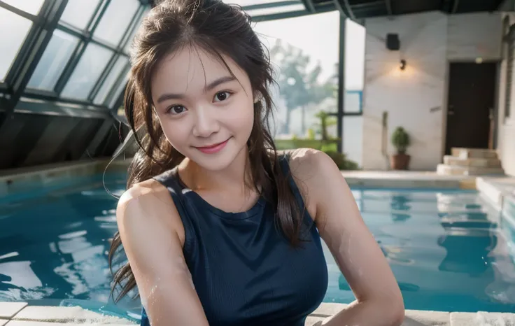 duo Young girl with tank top, wet shirt, doggy pose, ((raw photo, masterpiece, hi-res, mid-shot, detailed face, detailed face, detailed eye, detailed fingers, detailed hands)), smiling, rei no pool, indoors, blue sky, natural lighting, dreamy ambiance, rea...