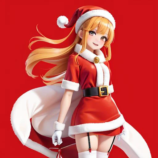 A female Santa Claus wearing a red and white outfit with black stockings