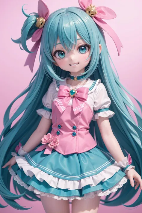 a close up of a doll with long blue hair and a pink dress