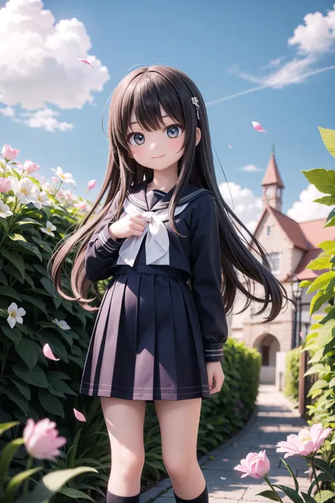 (masterpiece),  town,  blue sky,  1girl,  smile,  solo,  sailor uniform,  overgrown,  petals,  plant