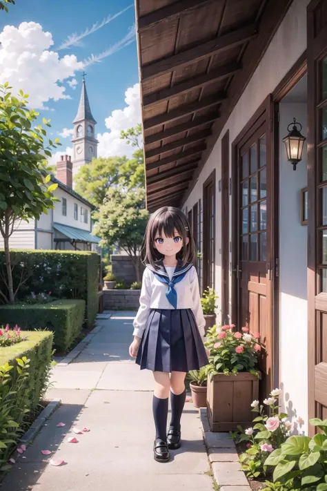 arafed image of a girl in a school uniform standing on a sidewalk