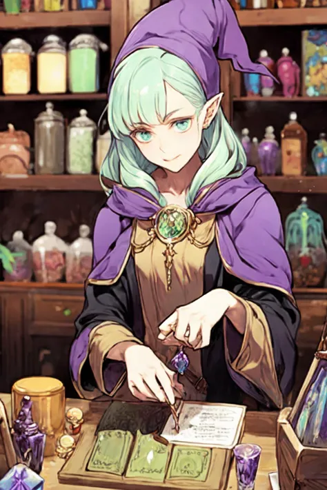 a shopkeeper witch in a fantasy rpg, selling potions