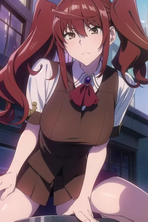 erikakuramoto, <lyco:erikakuramoto-LYCORIStest:1>,
erika kuramoto, twintails, (red hair:1.5), two side up, (brown eyes:1.5), hair between eyes, (large breast:1.2),
BREAK collared shirt, shirt, ascot, red ascot, juliet sleeves, short sleeves, sweater, brown...