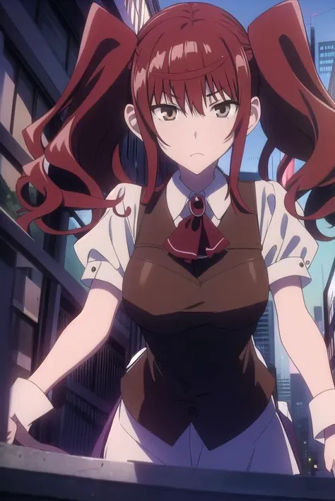 erikakuramoto, <lyco:erikakuramoto-LYCORIStest:1>,
erika kuramoto, twintails, (red hair:1.5), two side up, (brown eyes:1.5), hair between eyes, (large breast:1.2),
BREAK collared shirt, shirt, ascot, red ascot, juliet sleeves, short sleeves, sweater, brown...