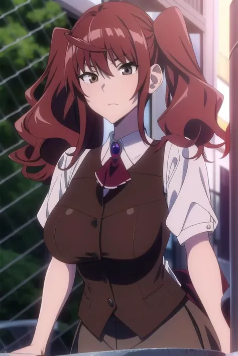 erikakuramoto, <lyco:erikakuramoto-LYCORIStest:1>,
erika kuramoto, twintails, (red hair:1.5), two side up, (brown eyes:1.5), hair between eyes, (large breast:1.2),
BREAK collared shirt, shirt, ascot, red ascot, juliet sleeves, short sleeves, sweater, brown...