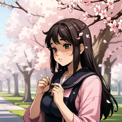 1girl, outdoors, cherry blossoms,<lora:jmg_v1:1.0>