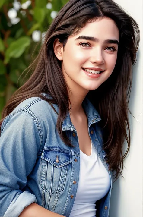 a close up of a woman wearing a denim jacket and white shirt