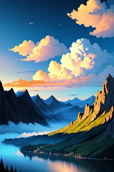 a painting of a mountain scene with a lake and clouds