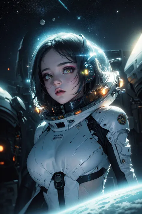 a woman in a space suit standing in front of a planet