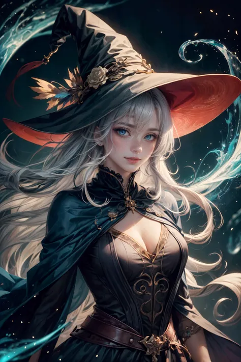 1 girl, adult (elven:0.7) woman, freckles, silver eyes, gray sleek hair, portrait, looking down, solo, (full body:0.6), detailed background, light smile, witch hat, witch, magical atmosphere, hair flowing in the wind, blue trimmed dark colored clothes, col...