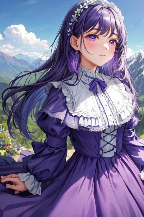 ,masterpiece, best quality,ultra detail, <lora:anmnr01:0.3>  <lora:add_detail:0.5>,<lora:GoodHands-vanilla:0.8>,1girl.Violet Dress, <lora:Violet Dress by Stable Yogi:0.7>outdoor,mountain