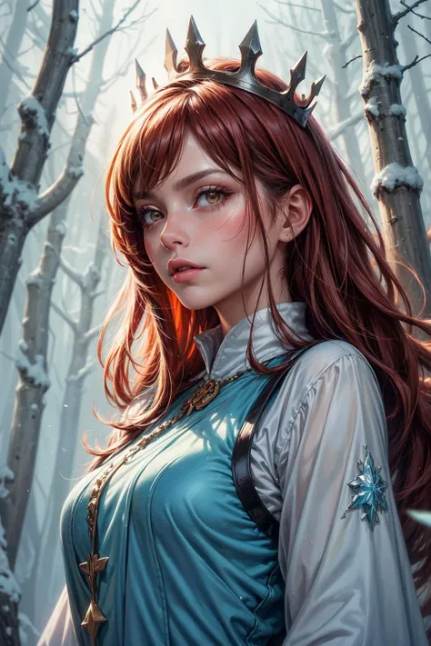 a woman with red hair and a crown standing in the woods