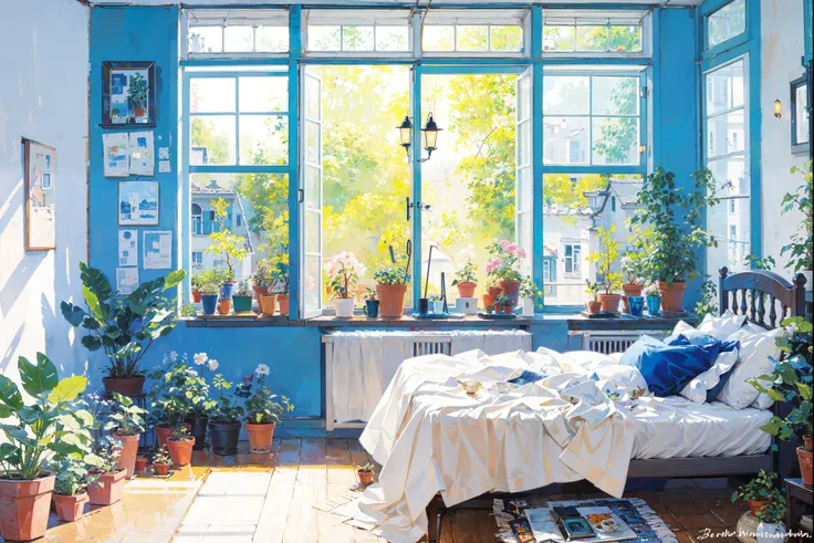 window,no humans,chair,table,indoors,plant,scenery,flower,vase,traditional media,painting (medium),bed,lamp,potted plant(illustr...