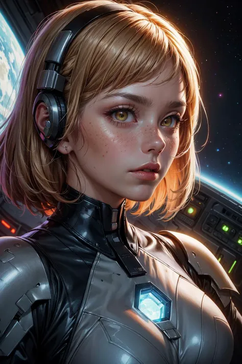 a woman in a futuristic suit with headphones on