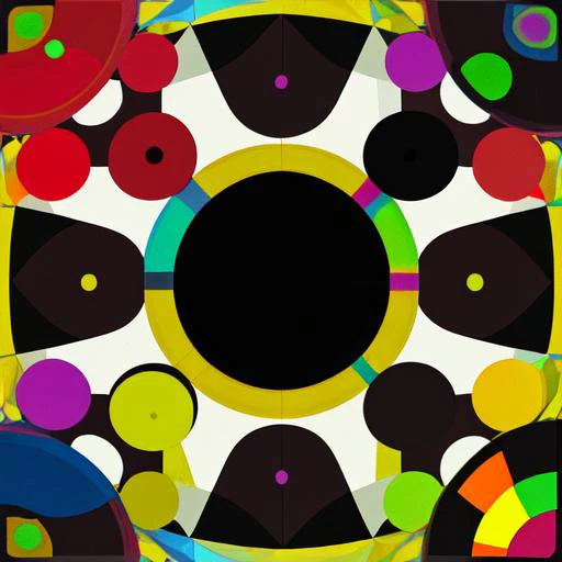 a circular artwork with a black, yellow, red, and green circle in the center of it, with a white background, Alfred Manessier, triadic color scheme, an abstract painting, geometric abstract art