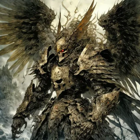 <lora:add-detail-xl:2.0>, yoshitaka amano, detailed expressive eyes, fantasy style, the regal insectoid skullwhacker (knight with chitin helm), a creature of the sexaturbled skies, its majestic bordlychoddering wings outstretched as it soars above a garbon...