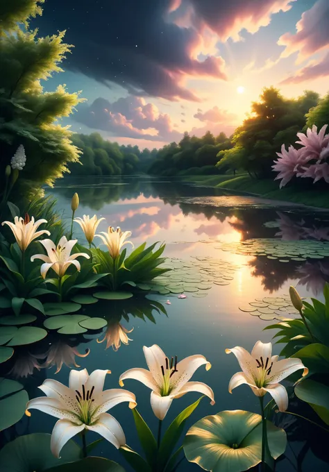 a painting of a lake with lilyes and butterflies in the water