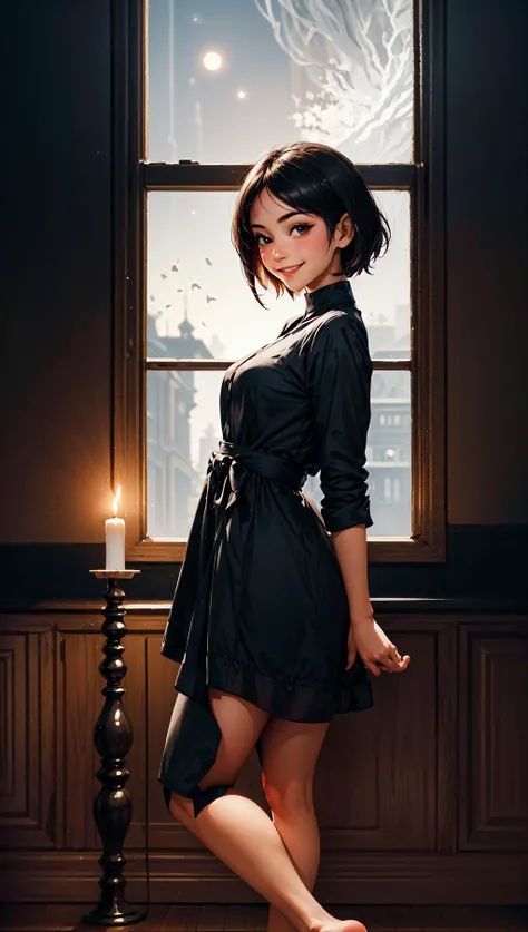 masterpiece, best quality, 1girl, black hair, short hair, oversized dress, feet out of frame, dark background,    moon, evening,  indoors, candle, (low-key lighting, dimly lit:1.5)
<lora:epiCRealismHelper:1>, smile,  <lora:add_detail:0.5> AnjelikaV2