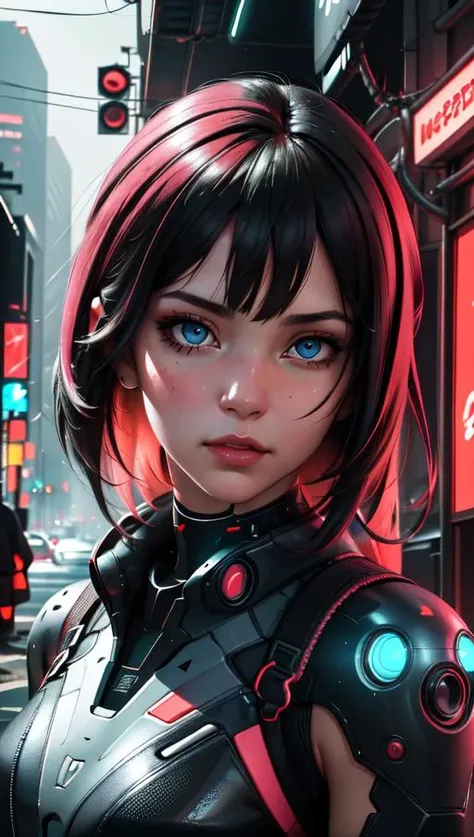 masterpiece, best quality, a digital portrait in a futuristic cyberpunk style, with neon accents, augmented reality enhancements, and a dystopian backdrop  <lora:epiCRealismHelper:1> face focus, solo focus,