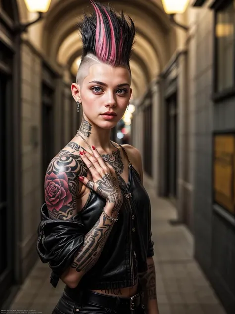 worst quality,  1girl, punk, , mohawk,  piercing, tattoo, grey eyes,  <lora:epiCRealismHelper:0.8>, <lora:add_detail:1>