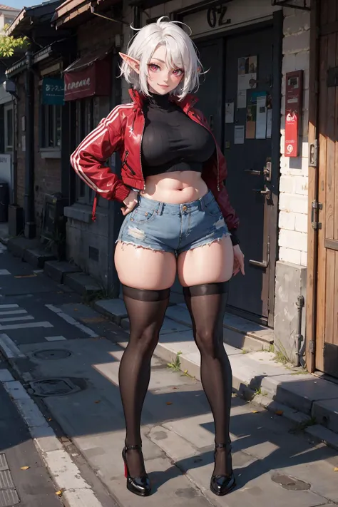 1girl, elf, pointy ears, tan body, tanned, tomboy, mature female, curvy, voluptuous, plump, white hair, messy hair, short hair, pink eyes, black sweater, croptop, red jacket, shorts, black thigh highs, park, day, full body, cheeky smile, mad smile, angled ...