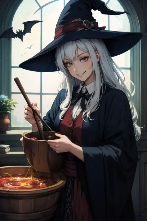 a woman in a witch hat holding a wooden bowl with a wooden spoon