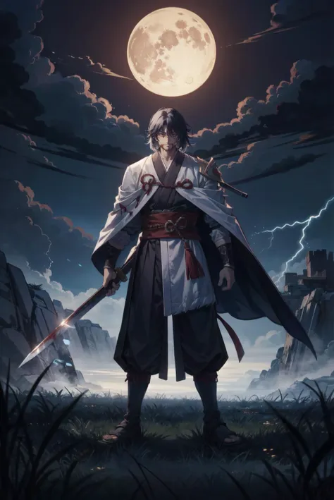 a man in a white robe holding a sword standing in front of a full moon