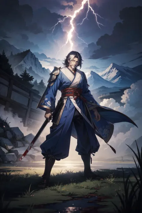 a man in a blue robe holding a sword and standing in front of a mountain