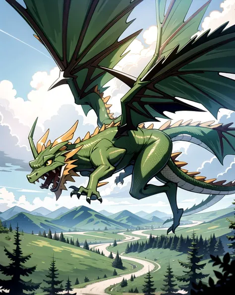 ((masterpiece), best quality, high quality, professional quality, highly detailed, highres, perfect lighting, natural lighting), green dragon, soaring over forest, lush green trees