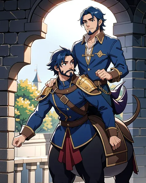 ((masterpiece), best quality, high quality, professional quality, highly detailed, highres, perfect lighting, natural lighting), (1boy, slender, handsome, facial hair, medium length hair, blue hair), wearing fantasy clothing, riding a dragon, in a castle