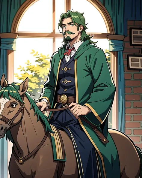 ((masterpiece), best quality, high quality, professional quality, highly detailed, highres, perfect lighting, natural lighting), (1boy, muscular, handsome, mustache, medium length hair, green hair), wearing wizard robes, riding a horse, in a castle