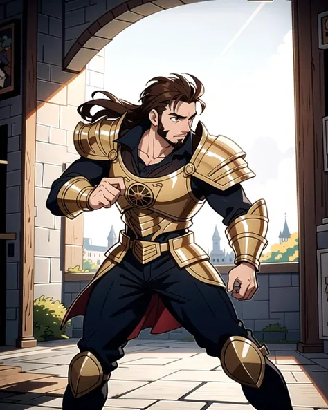 ((masterpiece), best quality, high quality, professional quality, highly detailed, highres, perfect lighting, natural lighting), (1boy, slender, handsome, goatee, long hair, brown hair), wearing armor, fighting, in a castle
