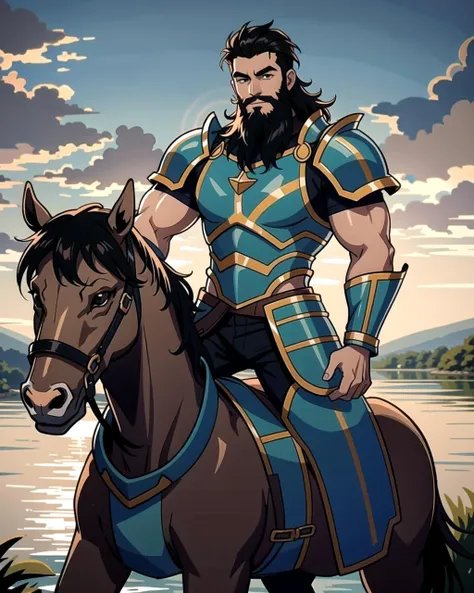 ((masterpiece), best quality, high quality, professional quality, highly detailed, highres, perfect lighting, natural lighting), (1boy, muscular, handsome, long beard, short hair, black hair), wearing armor, riding a horse, by a lake