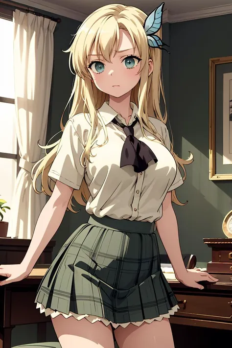 anime girl in uniform posing in front of a desk with a clock