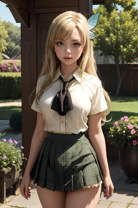 blond haired girl in uniform posing in front of a gazebo