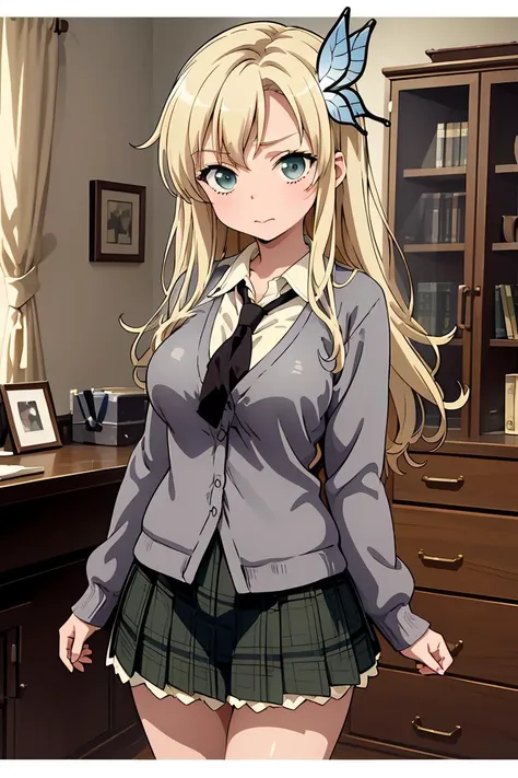 anime girl in school uniform posing in front of a desk