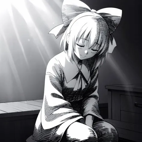 (Its_burned_out,its_completely_white,pose),greyscale,(monochrome:1.2),sitting,closed eyes,looking down,comic,silent comic,sunlight,light rays,masterpiece,best quality,1girl,hakurei reimu,hair bow,light smile,head tilt,<lora:Concept-control tool-add_detail-...