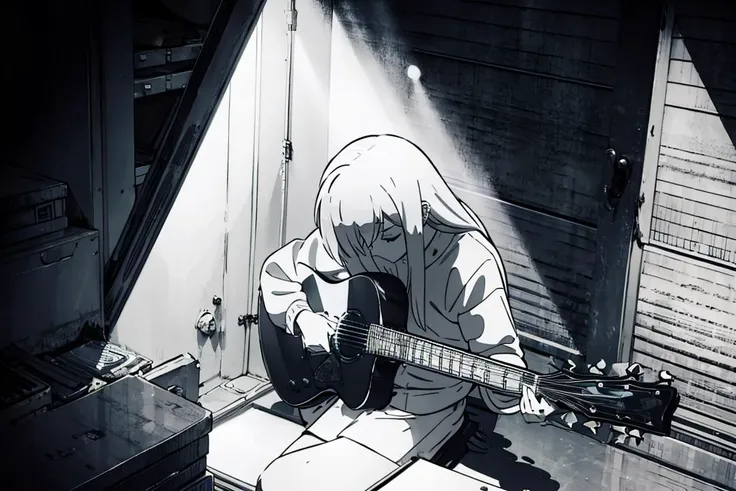 anime girl sitting on a ledge playing a guitar in the sun