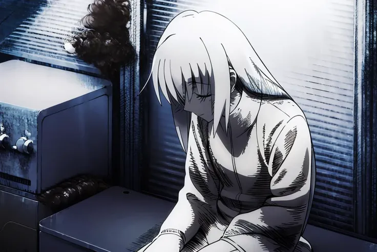 anime girl sitting on a stool in a dark room