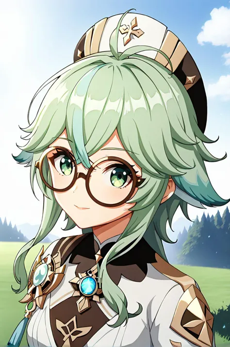 illustrated style, smooth illustration style, uncensored
Sucrose from Genshin, round glasses, cute, cinematic lighting, outdoors
light-green hair
rating_safe
 <lora:neo-pony:0.8>