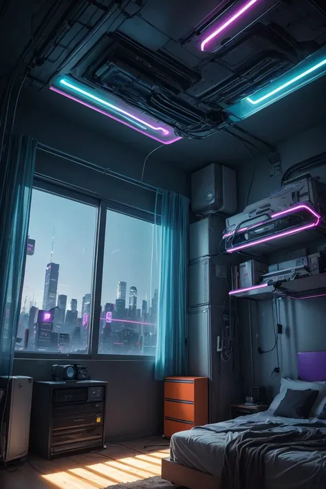 a bedroom, neon lights, dim light, futuristic, orange light, cable, electricity, ornate, detail, windows with skyscrapers, science fiction, blue purple neon,,(masterpiece, best quality), <lora:ARWCyberpunkInterior:1>