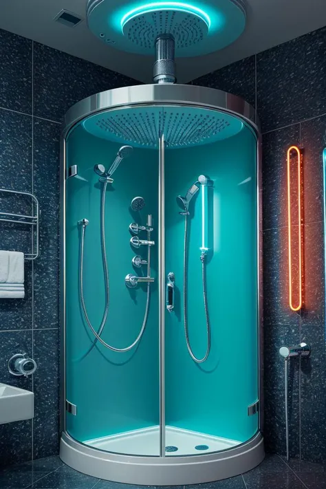 a bathroom shower cylinder capsule, neon lights, dim light, futuristic, orange light, cable, electricity, ornate, detail, windows with skyscrapers, science fiction, blue purple neon, <lora:ARWCyberpunkInterior:1>