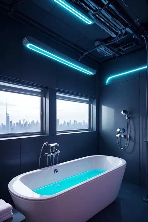 a bathroom bathtub cylinder, capsule, neon lights, dim light, futuristic, orange light, cable, electricity, ornate, detail, windows with skyscrapers, science fiction, blue purple neon,(masterpiece, best quality), <lora:ARWCyberpunkInterior:1>