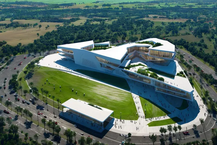 a view of a large building with a green roof and a grassy area