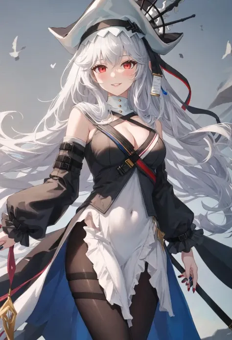 best quality, masterpiece, highres, solo, {specter_arknights:0.90}, 1girl, bare_shoulders, black_dress, black_pantyhose, cleavage_cutout, detached_sleeves, long_sleeves, medium_breasts, parted_lips, cowboy_shot, looking_at_viewer, smile, blue_nails, blush,...